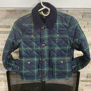 Polo by Ralph Lauren Girls Medium Tartan Quilted Barn Jacket In Navy & Green.